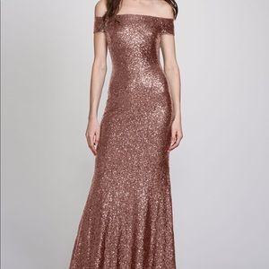 Off the shoulder gold rose sequin night gown.